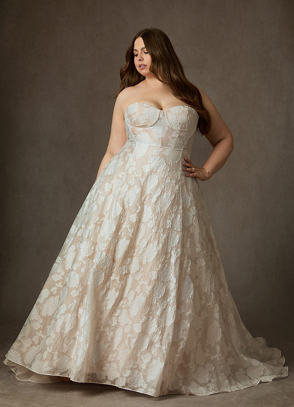 Azazie Meadow Wedding Dresses Diamond White Champagne Ball-Gown Strapless Floral Burnout Jacquard Dress image1