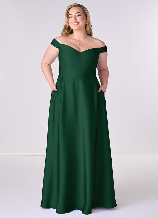 Barbie ♥ Azazie Robes Demoiselle d'honneur Robe Trapèze Convertible en Satin extensible Épaule décolletée Vert Foncé image1