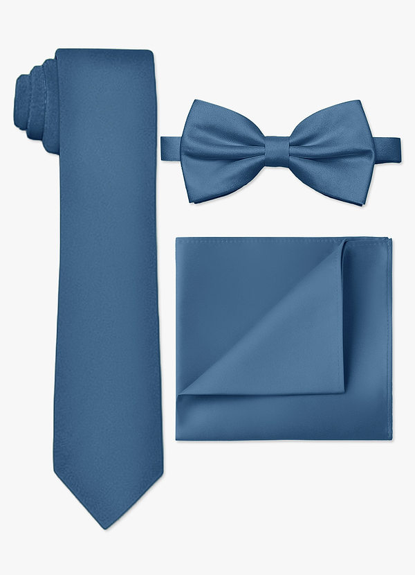 front Conjunto de corbata fina, pajarita y pañuelo de bolsillo de satén mate