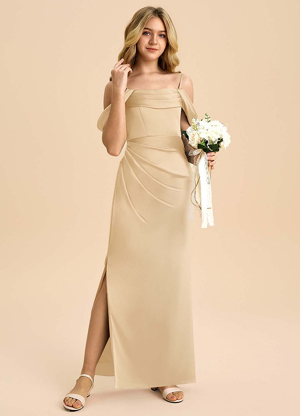 Azazie Saige Junior Gold Sheath Off the Shoulder Stretch Satin Dress image1