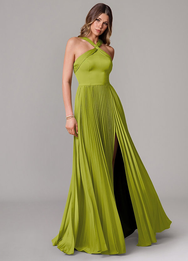 Azazie Afra Abiti da Damigella Abito A-Line in Raso Elasticizzato Plissettato Citronella image1