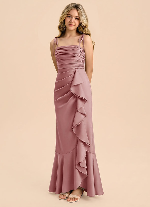 Azazie Ryan Junior Dusty Rose Sheath Bow Stretch Satin Dress image1