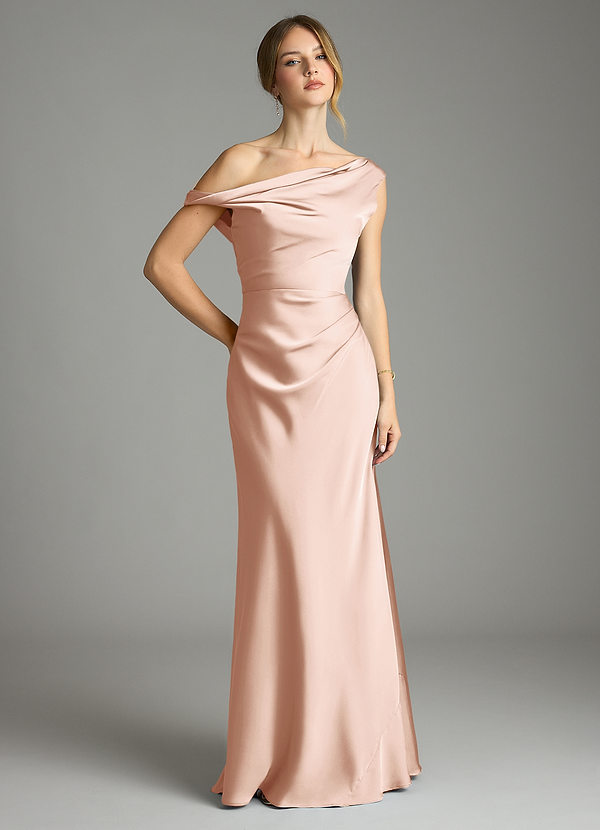Azazie Emerson Bridesmaid Dresses Rose Gold Mermaid Off the Shoulder Stretch Satin Dress image1