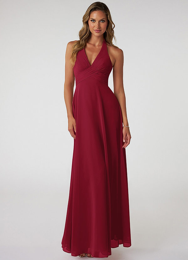 Azazie Tessie Bridesmaid Dresses Burgundy A-Line V-Neck Pleated Chiffon Dress image1