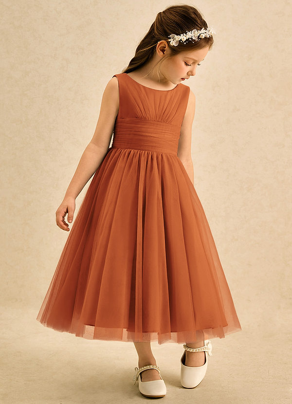 Azazie Macaron 플라워 걸 드레스 A라인 주름진 얇실버 명주 그물 티 길이 드레스 image1