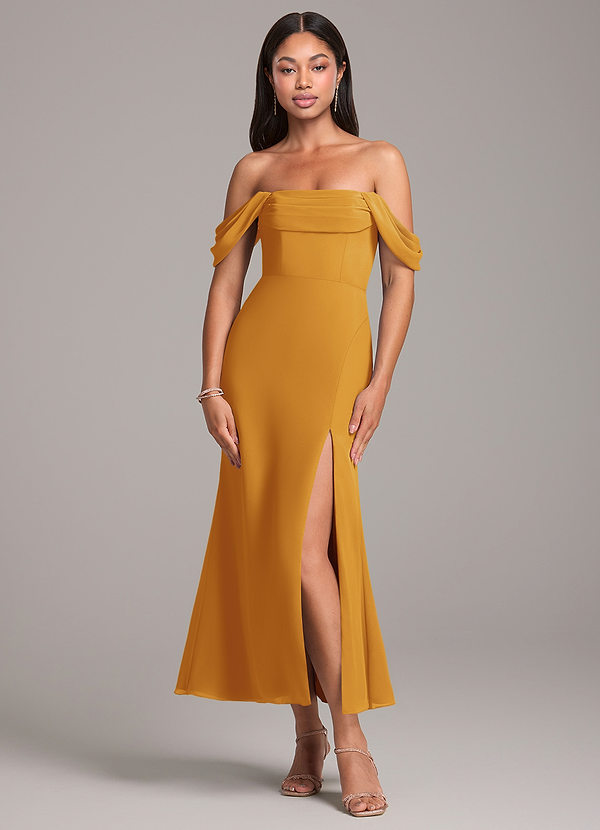Azazie Saige Bridesmaid Dresses Butterscotch Sheath Off the Shoulder Chiffon Convertible Dress image1