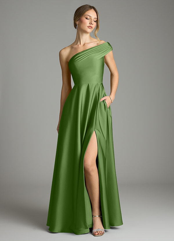 Azazie Melanie Vestidos Dama de Honor Vestido de Albahaca de Satén Elástico de Corte en A con Vestidos sin tirantes image1