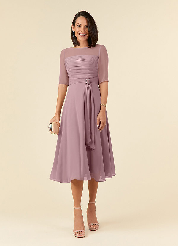 Azazie Naomi Mother of the Brides Dresses Dusty Rose A-Line Boatneck Pleated Chiffon Dress image1