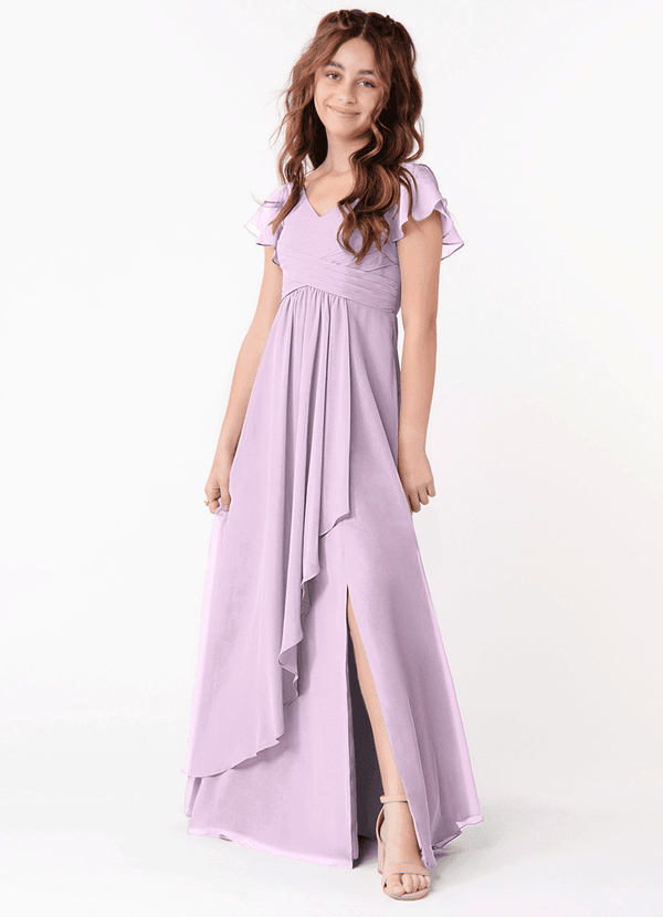 Azazie Omari Junior Frosted Lilac A-Line Ruched Chiffon Dress image1