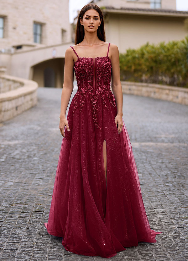 Veila Burgundy Applique Tulle Prom Dress image1