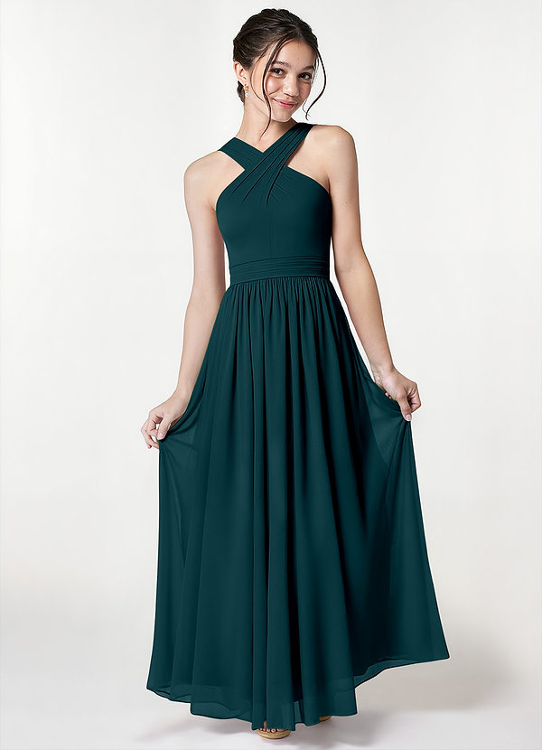 Azazie Jiya Junior Pine A-Line Pleated Mesh Dress image1
