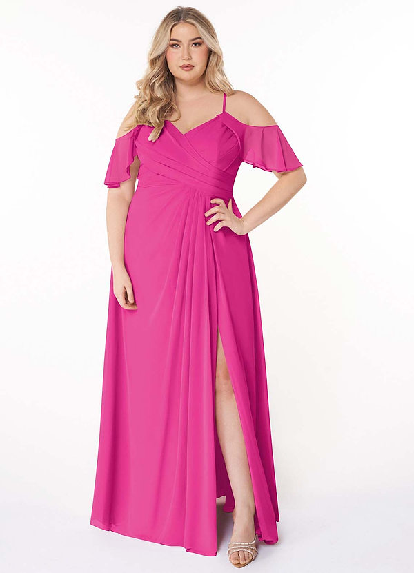 Azazie Dakota Bridesmaid Dresses Fuchsia A-Line V-Neck Pleated Chiffon Dress image1