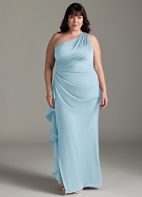 Azazie Latrice Vestidos Dama de Honor Vestido de Azul Cielo de Satén Elástico de Corte Recto con Volantes en cascada Un hombro image1