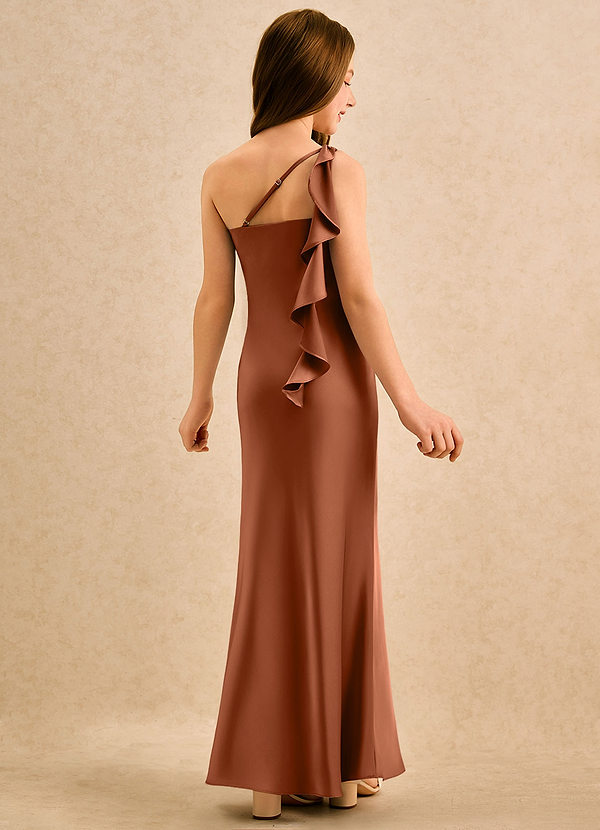 Azazie Almond Girls Formal Blumenkinder Kleider Etui One-Shoulder Stretch-Satin Kleid Kupfer image1