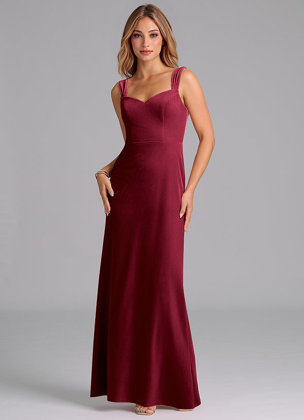 Azazie Denice Bridesmaid Dresses Burgundy Sheath Pleated Velvet Dress image1