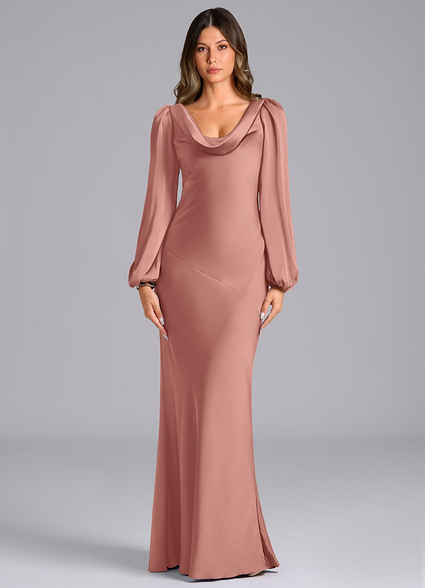 Azazie Melani Bridesmaid Dresses Rosette Mermaid Long Sleeve Stretch Satin Dress image1