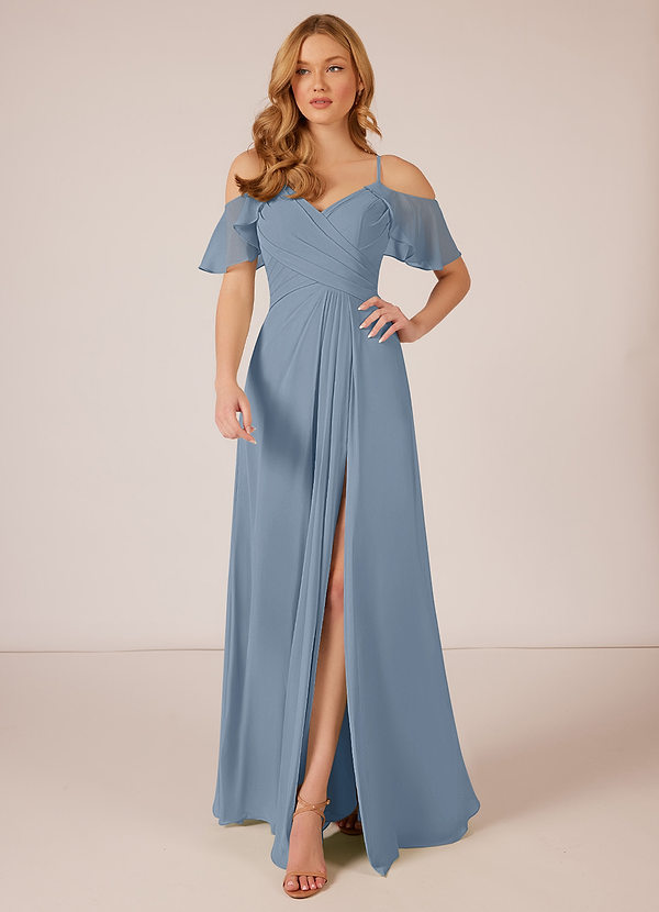 Eden Un Volante Hombro Largo Vestido De Dama De Honor Azul Polvoriento