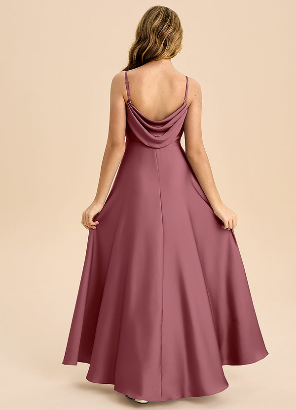 Azazie Bug Junior Robe Trapèze en Satin extensible Plissée Rose Du Désert image1