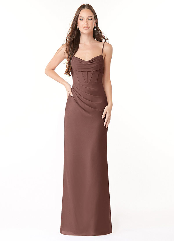 Azazie Mai Bridesmaid Dresses Espresso Sheath Pleated Chiffon Dress image1