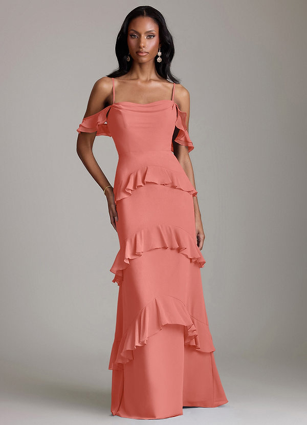Azazie Chayla Abiti da Damigella Abito Tubino in Chiffon a Spalla Scoperta Salmone Rosa image1