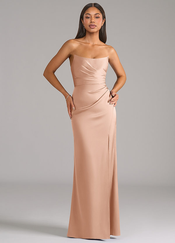 Azazie Marla Bridesmaid Dresses Rose Gold Sheath Strapless Stretch Satin Convertible Dress image1