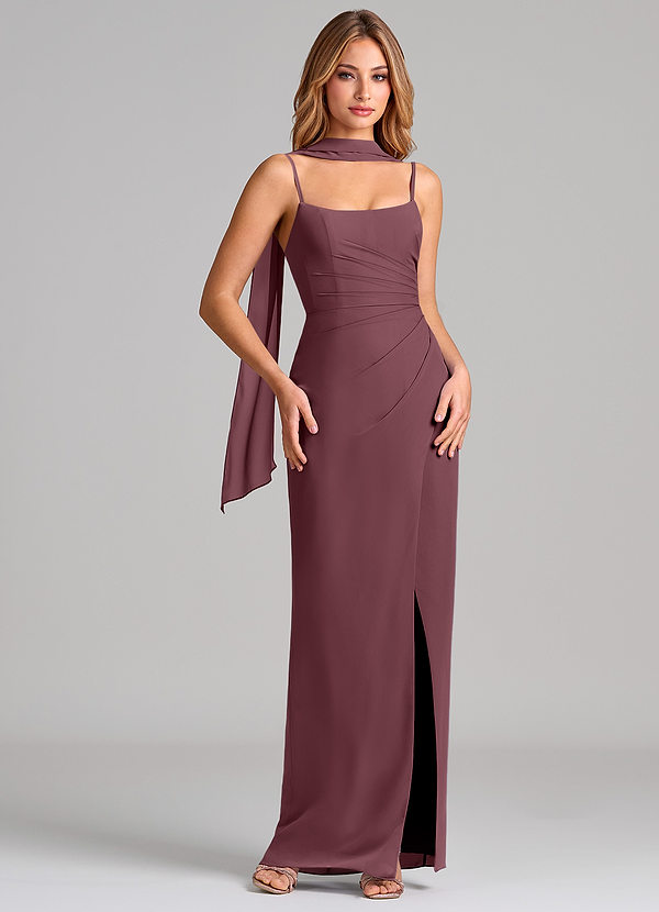 Azazie Calandra Robes de demoiselle d'honneur Robe Fourreau en Mousseline de soie Plissé Sangria image1