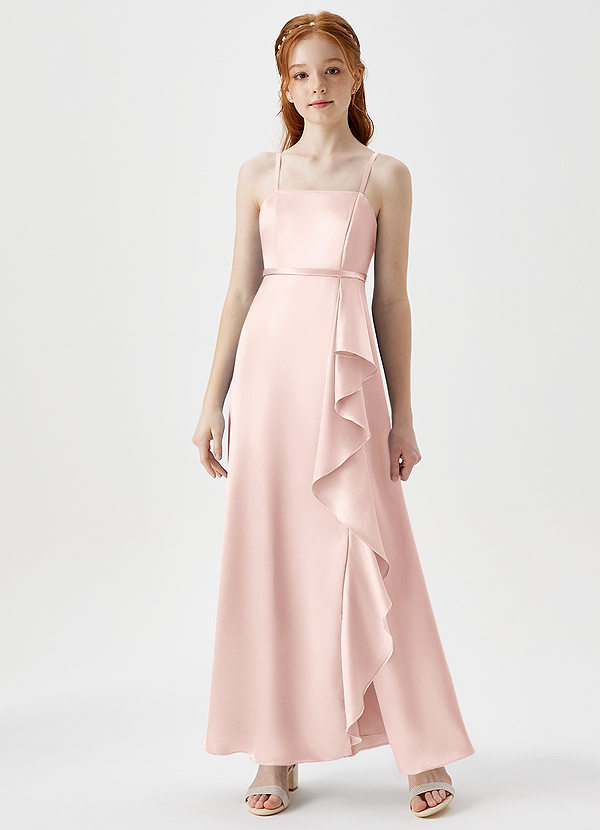 Azazie Kaylee Junior Robe Trapèze en Satiné métallisé avec ceinture Rose Pâle image1