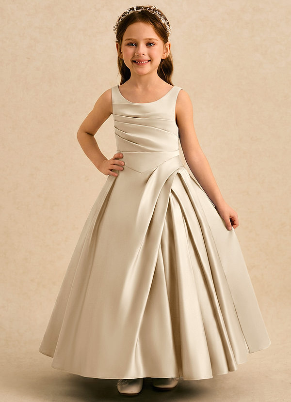 Azazie Audrey Flower Girl Dresses Champagne A-Line Pleated Matte Satin Dress image1