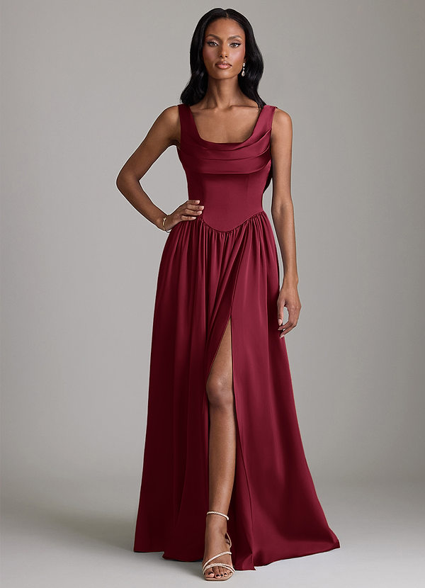 Azazie Novi Robes de demoiselle d'honneur Robe Trapèze en Satin extensible Avec poches Bourgogne image1