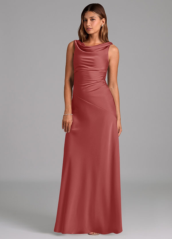 Azazie Nerine Bridesmaid Dresses Antique Rose A-Line Pleated Stretch Satin Dress image1
