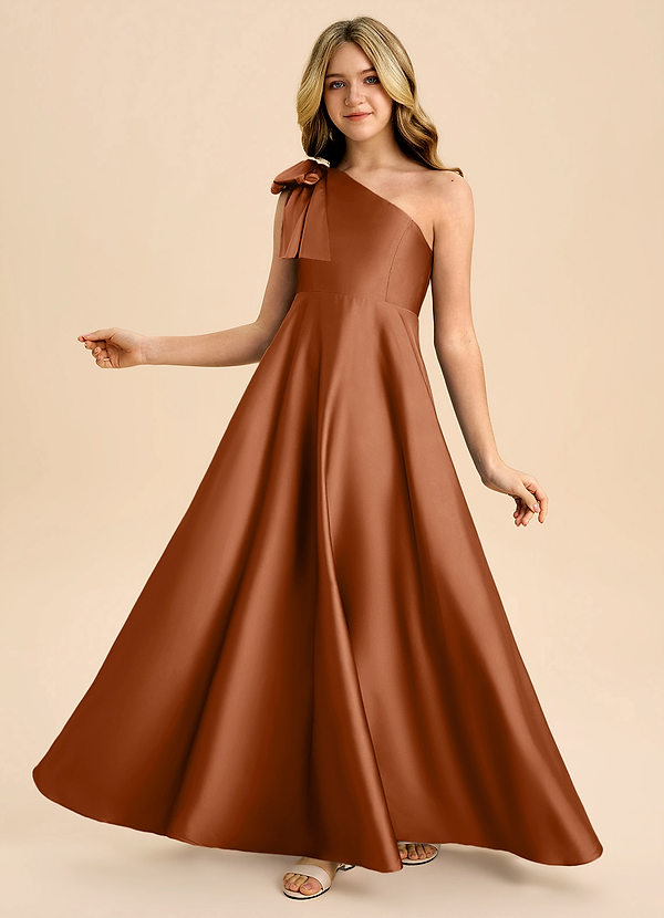 Azazie Penguin Junior Copper A-Line Bow Stretch Satin Dress image1