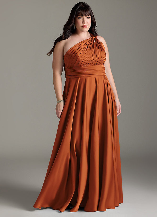 Azazie Charlize Robes Demoiselle d'honneur Robe Trapèze en Satin extensible Ue épaule Cannelle image1