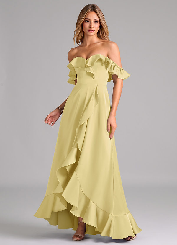 Azazie Lyra Bridesmaid Dresses Lemon Sorbet A-Line Off the Shoulder Stretch Satin Convertible Dress image1