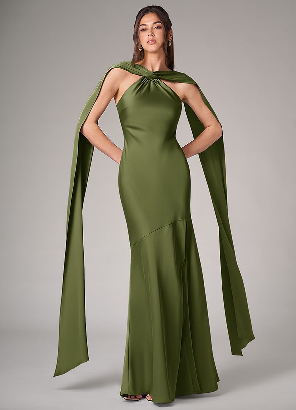 Azazie Kinsley Bridesmaid Dresses Olive Mermaid Side Slit Stretch Satin Dress image1