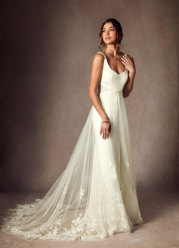 Azazie Ebony Wedding Dresses Cream A-Line Sequins Crepe Back Satin Dress image1
