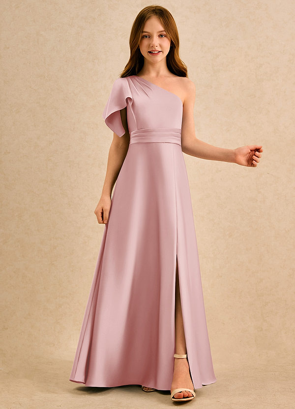 Azazie Jazzy Girls Formal Abiti da Ragazza di Fiori Abito A-Line in Raso Elasticizzato Monospalla Rosa Cipria image1