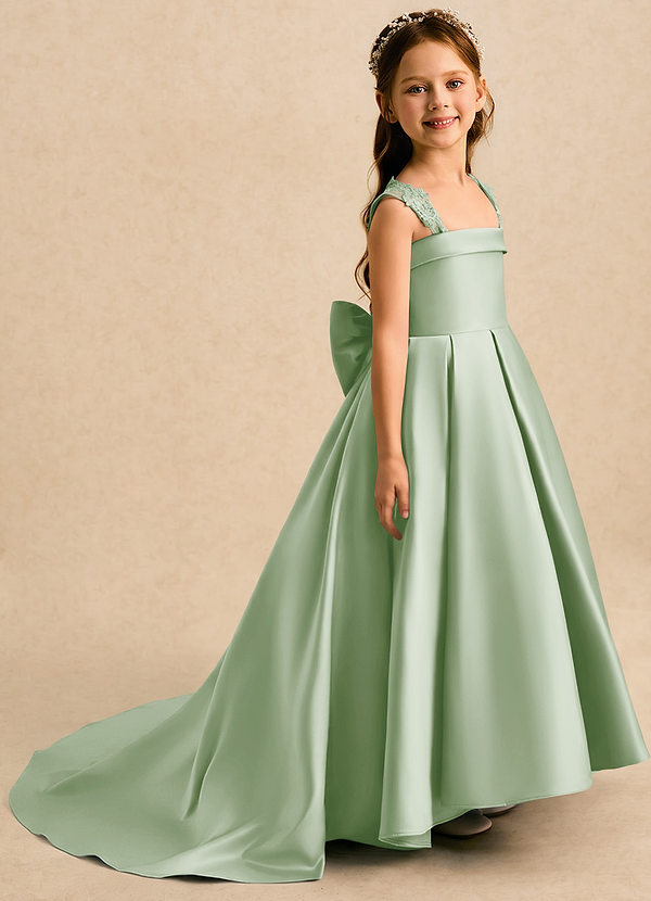 Azazie Genie Flower Girl Dresses Dusty Sage Ball-Gown Off the Shoulder Matte Satin Dress image1