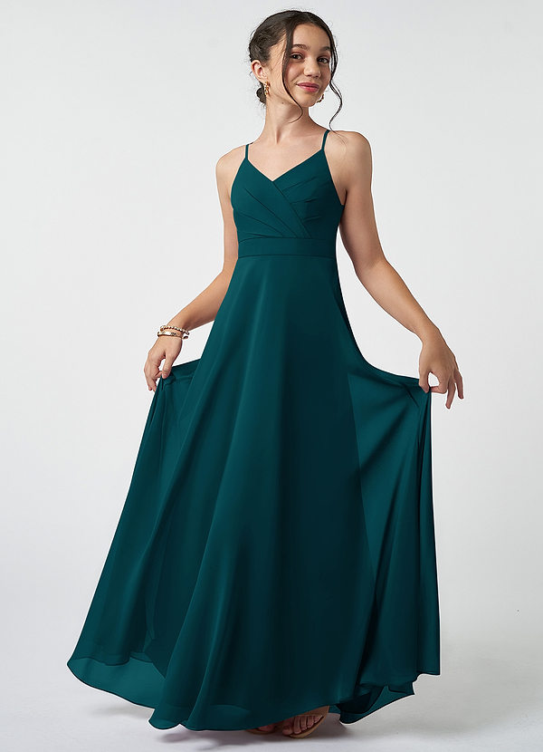 Azazie Avelina Junior Pine A-Line Pleated Chiffon Dress image1