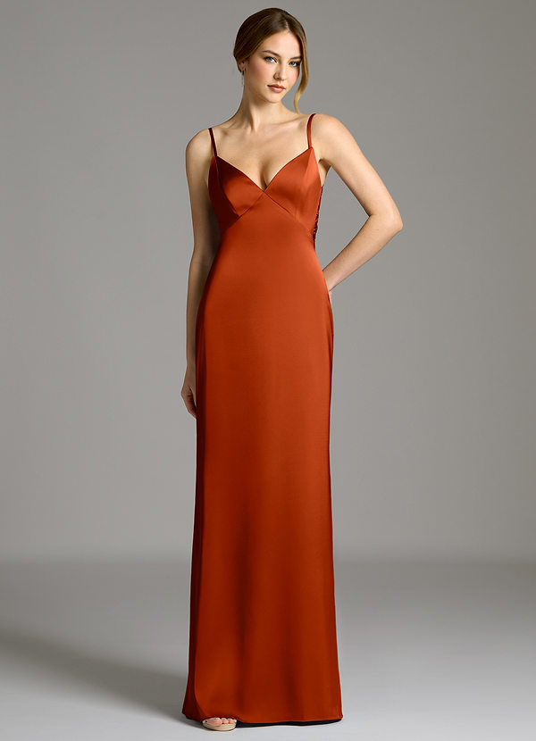 Azazie Adriane 신부 들러리 드레스 쉬스 절하다 스트레치 새틴 바닥 길이 드레스 image1