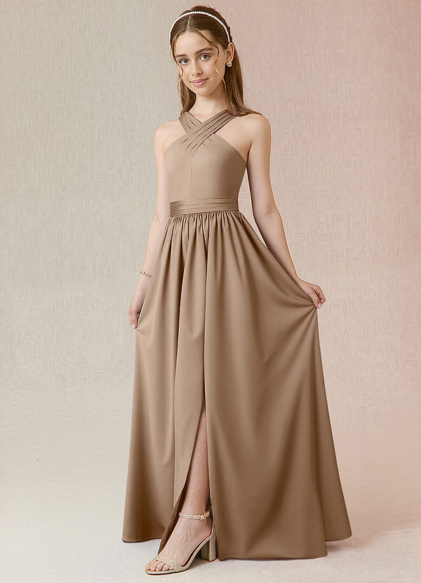 Azazie Jiya Junior Taupe A-Line Pleated Stretch Satin Dress image1