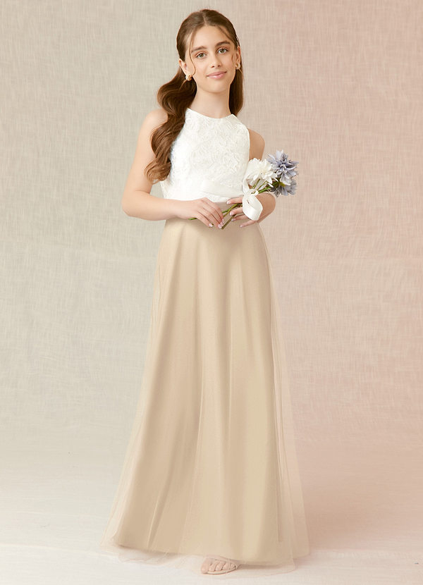 Azazie Albertine Junior Robe Trapèze en Mousseline de soie Dentelle Champagne image1