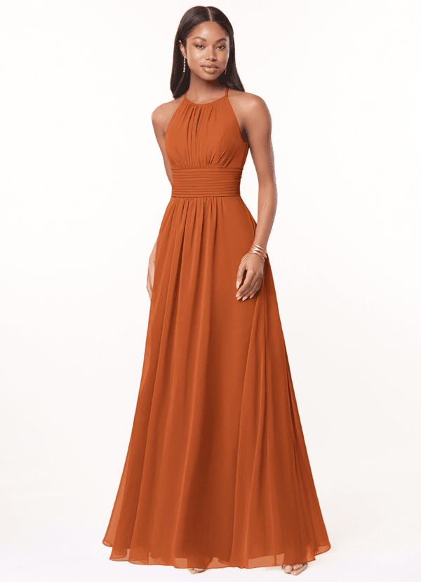 Azazie Bonnie Brautjungfernkleider A-Linie Schlüsselloch Gerüscht Chiffon Kleid Kanel image1