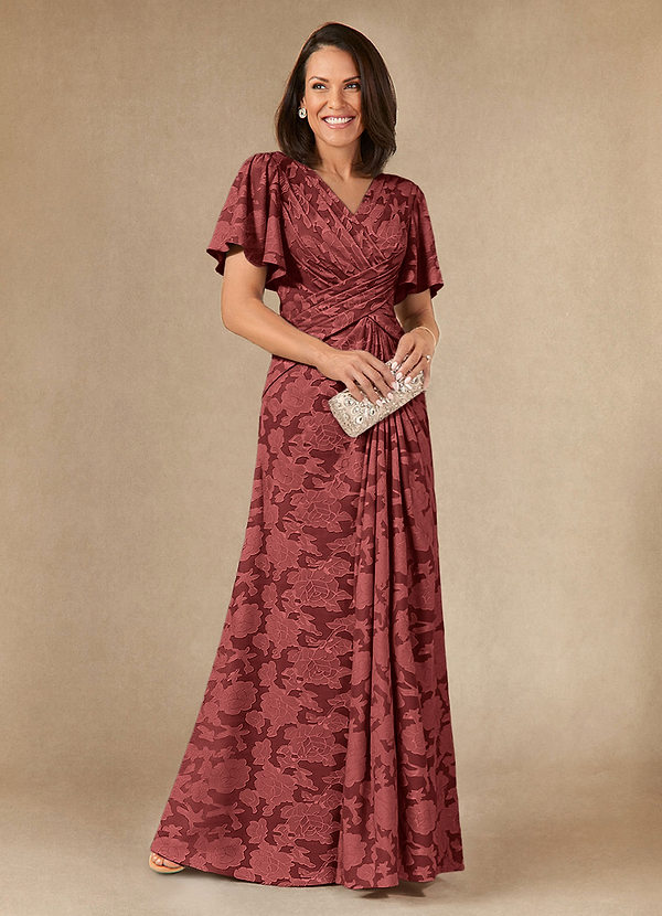 Azazie Emmeline Abiti Mamma della Sposa Abito A-Line in Burnout Floreale Plissettato Terracotta image1