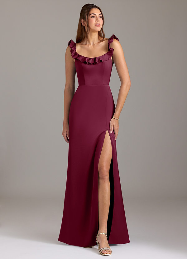 Azazie Callie Bridesmaid Dresses Mulberry A-Line Ruched Stretch Satin Convertible Dress image1