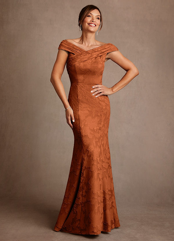Azazie Aberdeen Mother of the Brides Dresses Burnt Orange Sheath Pleated Floral Burnout Dress image1