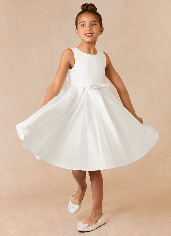 Azazie Coco Flower Girl Dresses Ivory A-Line Bow Matte Satin Dress image1