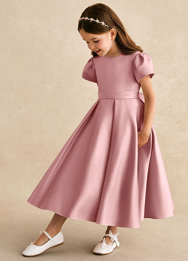Azazie Princess Flower Girl Dresses Dusty Rose A-Line Pleated Matte Satin Dress image1