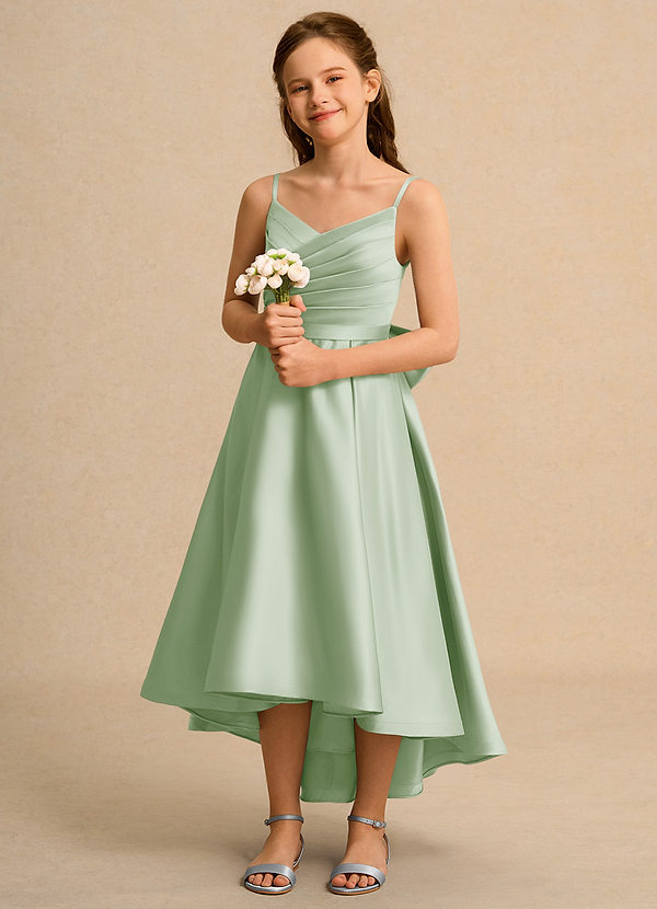 Azazie Sweets Girl Bloemenmeisjes Jurken A-Lijn Jurk van Mat Satijn Geplooid Stoffige Salie image1