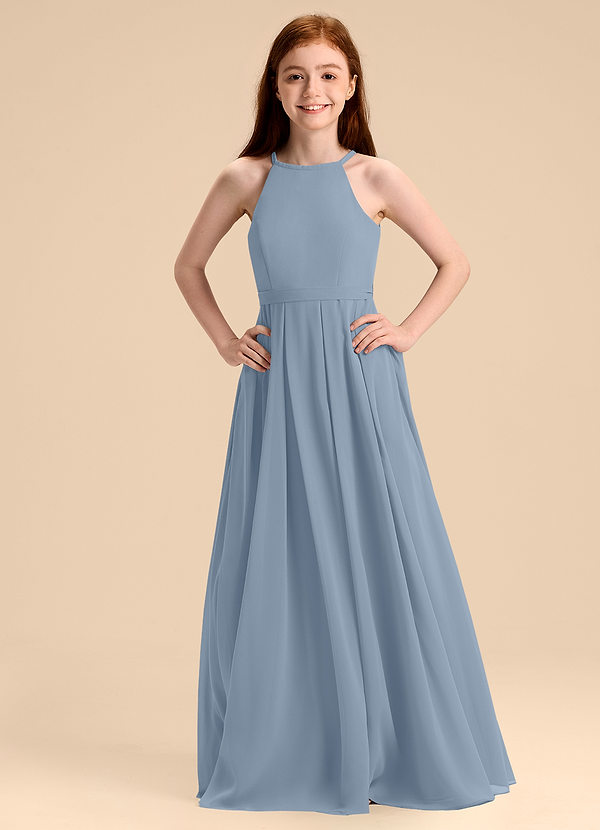 Azazie Arianthe Junior Vestido de Azul Polvoriento de Gasa de Corte en A con Plisado image1