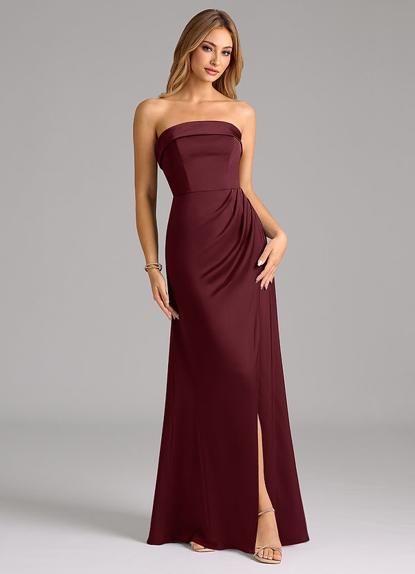 Azazie Aretha Bruidsmeisjes Jurken Converteerbaar Jurk van Stretch Satijn met A-Lijn Strapless Cabernet image1